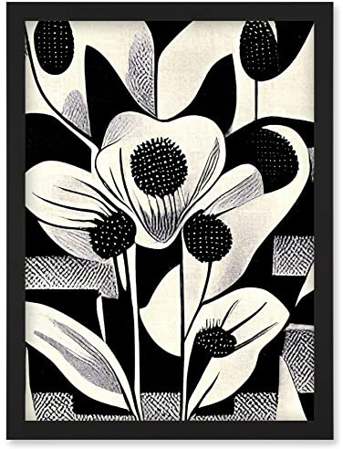 Wee Blue Coo Monochrome Black White Abstract Retro Flower Pattern Artwork Framed Wall Art Print A4