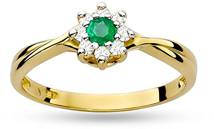 MARKO Damen Verlobungsring aus Gelbgold mit 0,15 Karat Smaragd und 0,12 Karat Diamanten, 14 Karat Gold (585) Goldring mit Box | Goldring für Frauen Brillanten (Smaragd, 57 (18.2))