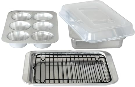 Nordic Ware Naturals 5 Piece Compact Pan Set, Toaster Oven, Counter Ovens, Air Fryer and Broiler Safe, Size for 1-2 Portions - Includes Rectangular Pan, Muffin Pan, Baking Sheet, Broiling Rack and Lid