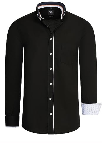 Business-Hemd Langarm Herren Kent-Kragen Stretch Büro Hemd im Lässigen Design Meeting-Hemd mit Kontrast-Elementen 027, Farbe:Schwarz, Größe S-3XL:L