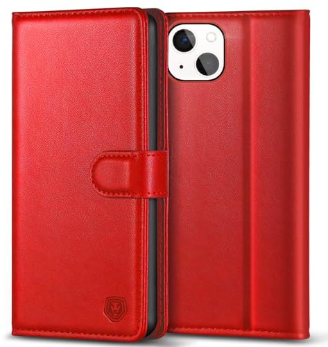 Kuafcase Compatible for iPhone 13 Mini Case with 4 Card Slots Magnetic Closure Kickstand Shockproof Protective Phone Case Compatible for iPhone 13 Mini - Red