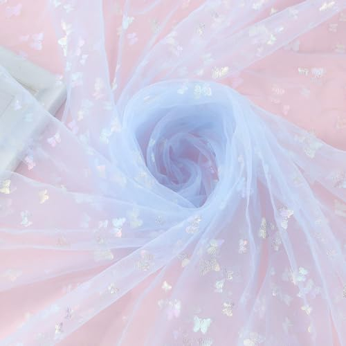 Whakano 1 Yard Tüll Stoff mit Glänzender Schmetterling,150 cm Breit,Dekostoff Schmetterling Tüll Rolle,zum Nähen Basteln Dekorieren,DIY Handwerken,Vorhänge Bühne Kostüm Kleid Bekleidung,Hellblau