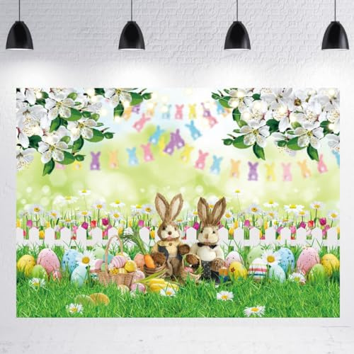 LTDKAEN 7×5Ft Spring Happy Easter Photography Backdrop Easter Eggs Rabbit Decoration Grass Background Photo Props