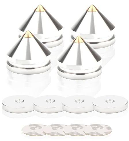 Monosaudio HiFi Lautsprecher Spikes, 4 Stück Aluminium 27x24MM High End Lautsprecherständer Füße Pads, Isolationsfüße Stoßdämpfer Füße Gerätefüße Untersetzer für Verstärker Subwoofer Plattenspieler
