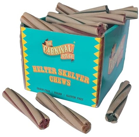 Vegan dog chews, 30 edible Helter Skelter dog treats with a plant-based recipe for sensitive dogs. Fun chews for dogs of all ages. 810g