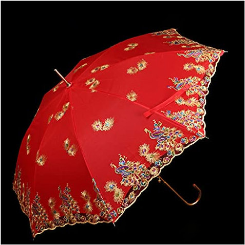 Winddichter Reiseschirm, roter Regenschirm, mit Spitzenbordüre und Stickerei, Regenschirm im chinesischen Stil mit langem Griff, Vintage-Brautschirm, doppelt belüftete Regenschirme für Herren und