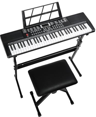 LEADZM Clavier Piano 61 Touches, Piano Numérique avec Support de Clavier, Banc de Piano, Pupitre, Casque, Microphone, Écran LED, 3 Modes D'apprentissage pour Débutants (Noir)