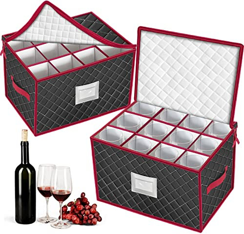 VERONLY Aufbewahrungsbox für Weingläser Weihnachtliche- 2 Stück Weinflasche Aufbewahrung Staubschutz Kristallglas Schutzbehälter Faltbox mit Trennwänden Etikett für 24 Stielgläser (Schwarz)