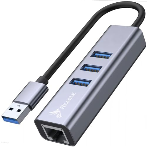 Reagle USB-A 3.1 Hub mit Gigabit LAN RJ-45 – 4-in-1 USB 3.2 Gen 1 Adapter für 5Gb/s Datentransfer, Plug & Play, Aluminium Gehäuse, Kompatibel mit Maus, Tastatur, Ethernet
