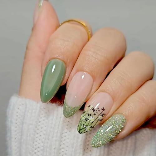 ASOMI 24 Stück Aufdrücknägel, grüne Glitzer-Kunstnägel Mit Kleber, kleine Blumen-Aufklebenägel, Aufdrücknägel, Glitzer-Blumen-Aufklebenägel, vollständige Abdeckung