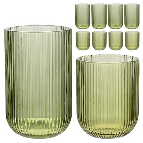 WeirdUncle - Set of 8 Grooved Glasses, 4 Tall Glasses 414ml and 4 Short Glasses 266ml Green Origami Style Striped Design Milk Water Cocktail Juice Beer Toothbrush Glass