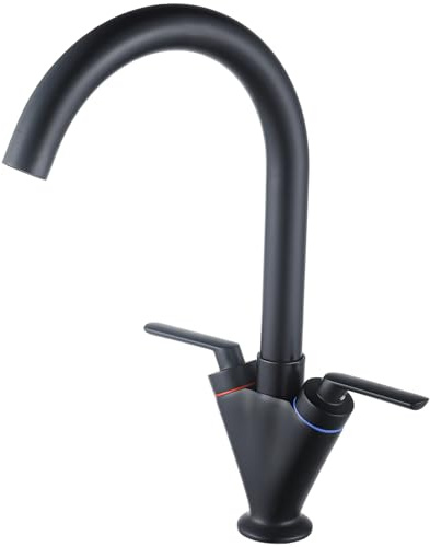 Eovem Kitchen Tap Matt Black Dual Lever Brass Swan Neck Kitchen Faucet Monobloc Swivel Sink Mixer Tap