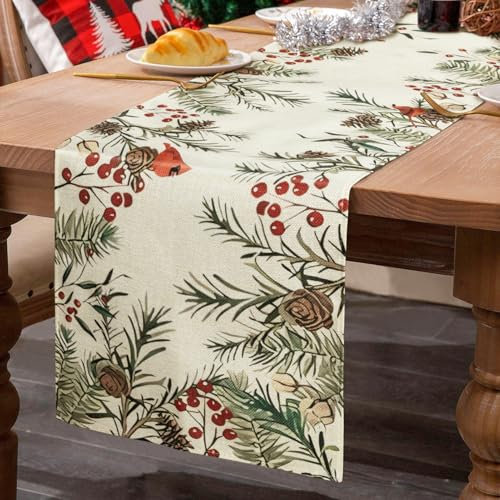 MELLIEX Tischläufer Weihnachten, Weihnachtsdeko Tisch Tischläufer Leinen Modern Kiefern Weihnachtstischläufer für Drinnen und Draußen Küche Esstisch Dekoration