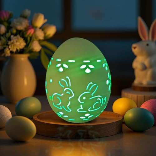 Osterdeko LED Ostereier,Keramik Osterei mit LED Licht, LEDs Deko Osterlicht,Frühlingsdeko Hohl Ostereier Porzellan mit Hase Muster,Ostern Deko Leuchtende Osterei Batteriebetrieben für Tischdeko (B)