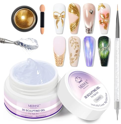 MIZHSE 3D Gel & Gold Chrompulver Nail Art Sculpting Modelliergel Klar 18g | 3D Gels für Gelnägel & Nägel, Sculpting Nail Gels, UV Builder-Gel Set
