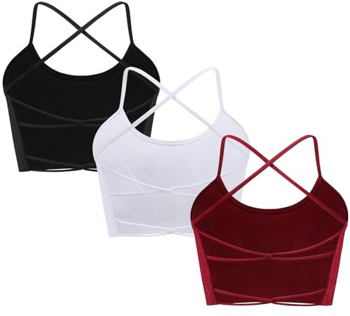 ANGOOL Sport BH Damen ohne Bügel Crossback Spaghettiträger Bustier Damen Gepolstert Feste Cup Seamless Rückenkreuz Sport Top Yoga Joggen Gym, Schwarz+Weiß+Weinrot, S