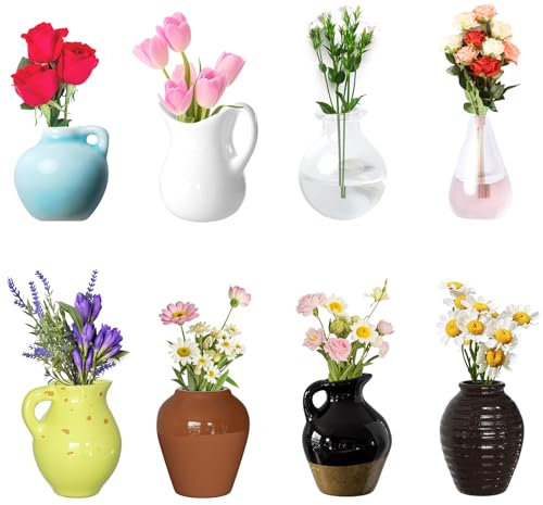 Cute Mini Ceramic Vase Magnets for Fridge, Funny Small Plant Magnets, Tiny 3D Plant Vase for Refrigerator Decoration Kitchen Locker Kitchen Office (8 Pack)