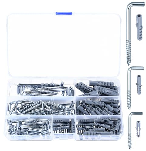 pzihao 120 Piezas Ganchos de Tornillo, Gancho de Rosca en Forma de L, Gancho Tazas Atornillables, Ganchos de Techo de Tocador para Colgar Plantas Jardín Luz Llave Taza, con Tacos
