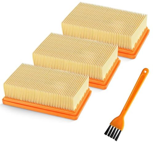 Pack of 3 filters as replacement with 1 piece small brush, flat pleated filter for Kärcher multi-purpose vacuum cleaner MV4 / MV5 / MV6, flat pleated filter for allergy sufferers against fine dust