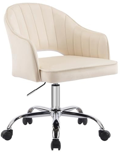 Sepnine Bürostuhl aus Samt, Schreibtischstuhl Mädchen, Schminktisch Stuhl Samt, Drehstuhl mit Rollen, mit U-förmiger Rückenlehne, Höhenverstellbar, Ergonomisch, Büro, Schlafzimmer, Bis 135 kg, Beige
