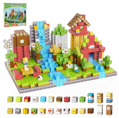 Fitrobust 200PCS Magnetic Building Blocks Set, Magnetic Tiles Kids Build Cubes STEM Game Toys, Build Forest World Set, Christmas Birthday Gifts for Boys & Girls Age 3 4 5 6 7 8 9 10, 0.8 in Size