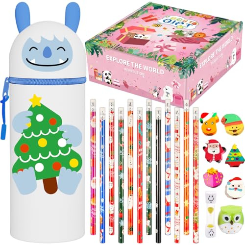 Scribbelfein Weihnachts 2-in-1 Silikon Federmäppchen Set, Weihnachten Bleistifte mit Radiergummi, Weihnachtsgeschenke Kleinigkeiten, Weihnachten Party Geschenke Bag Fillers