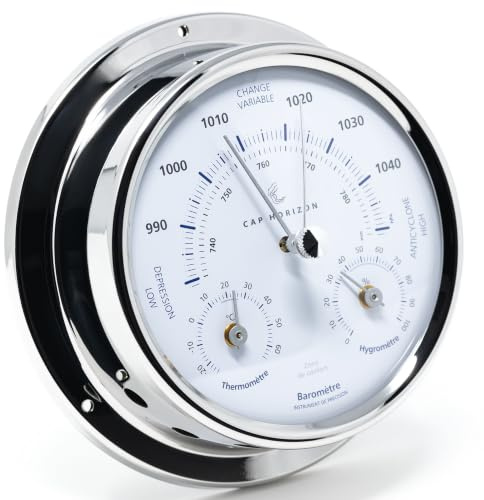 CAP HORIZON CP100BTH500NX Wetterstation, Glas, Edelstahl poliert | Wetterwarte mit Barometer, Hygrometer, Thermometer, 12,5 cm Durchmesser, Made in Germany