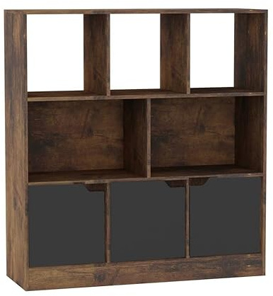 URBNLIVING Rustic Brown 8 Cube Asymmetrical Bookcase – Freestanding Storage Unit with 3 Doors - Basic Doors - Black