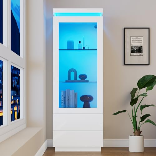 Kelodan Vitrine 60x40x171cm, Hochschrank mit 2 Schubladen, Hochglanz Glasvitrine mit LED, Standregal Schrank, Wohnzimmerschrank mit Glastüren und Klapptür, Weiß