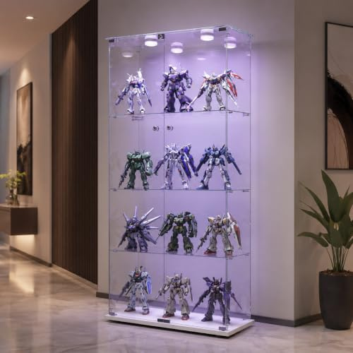 Glasvitrine Stehend Led-Leuchten,Glasvitrine Standvitrine,Glas Vitrinenschrank 4 Etagen 2 TüRen,Glasschrank Geeignet FüR Wohnzimmer,Schlafzimmer,BüRos und Bars (Weiß, 4-Stufig, 2-Türig + LED-A)