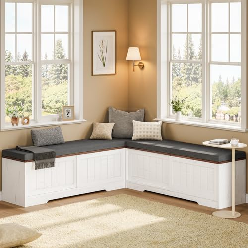 UPOSOJA Farmhouse L Shaped Corner Shoe Storage Bench with Cushion Entryway Shoe Rack with Slide Barn Doors, Adjustable Shelf and 1 Cabinet for Entryway Dining Room, Kitchen, Bedroom (White-Brown)
