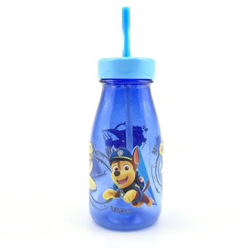 PAW Patrol Glitter Milk Bottle 350ml for Kids with Straw – Chase Design, BPA‑Free Plastic, Easy‑Clean Wide Lid, Travel Friendly Drinks Bottle for Water, Milk or Juice, Blue
