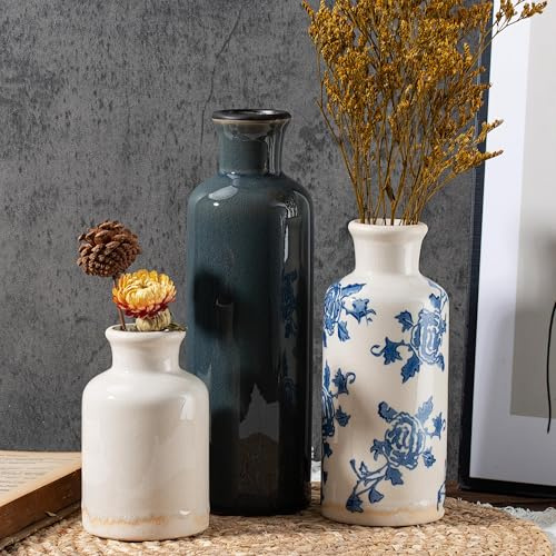 Sawoake Keramik Vintage Vase Set von 3, Blaue und weiße Risse Glasur, Chinoiserie Floral Dekor für Bauernhof Regal, Tisch Mittelstück, Mantel, Wohnzimmer & Büro