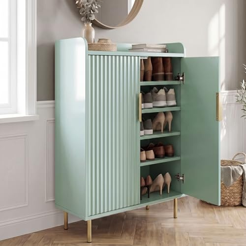 Blisswood Shoe Cabinet with Doors, Fluted Wooden Shoe Storage Cabinet Cupboard, 5-Tier Shoe Rack with Adjustable Shelves, Metal Legs & Handles for Living Room Hallway, Entryway, 36Dx 60Wx 105H cm