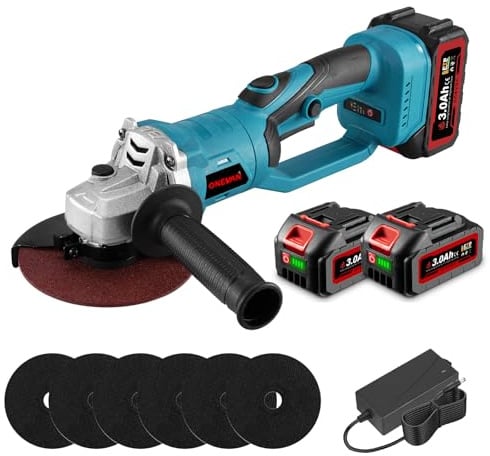 ONEVAN Akku Winkelschleifer 125mm 2x3.0Ah Akkus, 180° Dreh, 6 Trennscheiben | 3-Gang, 18000 R/MIN Bürstenlos, 2-Positionen-Griff, Geeignet zum Schleifen und Schneiden, Heimwerkerprojekte