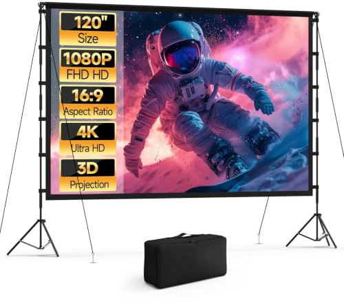 Vamvo 120 inch Projector Screen 16:9 4K HD Winkle-Free | Portable Foldable Design with Stand and Carry Bag for Indoor Home Theater ,School Presentations & Office Meetings