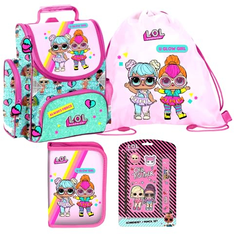 LOL L.O.L Surprise 4 Teile Set Schulranzen Schulrucksack Tornister RANZEN mit Sticker-von-Kids4shop Tasche Puppen Motiv