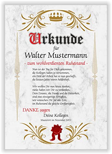 Urkunde Rente personalisiertes Geschenk zum Ruhestand dem Abschied aus dem Berufsleben Geschenkidee der Kollegen oder der Firma zur Verabschiedung des Mitarbeiters Marmor Papier DIN A4 Grau