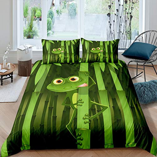 Frosch Bettbezug Cartoon Bambus Frosch Druck Bettwäsche Set für Kinder Jungen Mädchen Niedliches Tiermuster Trösterbezug Natur Thema Tagesdecke Bezug Schlafzimmer Kollektion 2 Stück Einzelbett