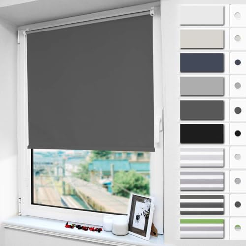 Magiea Verdunklungsrollo ohne & mit Bohren Klemmfix, Dunkelgrau B90 x H120 cm (Stoffbreite 85 cm), Klemmrollo Thermorollo, Innenrollo für Sonnen- und Sichtschutz, Rollos für Fenster & Tür