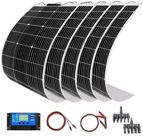 Kit de panel solar flexible de 500 W, 5x100W12 Vpanel solar fotovoltaico resistente al agua controlador solar de 50A, cable de 3m y cable de clip para batería de 12V (kit de panel solar de 500W)