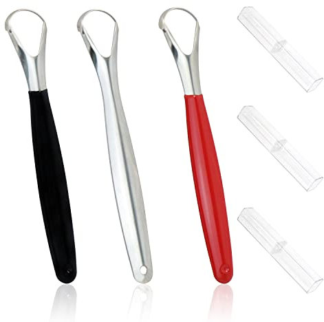 Zungenschaber aus Edelstahl, mit Etui, doppelter Zungenreiniger, für Erwachsene, Zungenreiniger, Bürstenkit, gegen schlechten Atem, für gesunde Mundpflege (Silber, Rot, Schwarz)