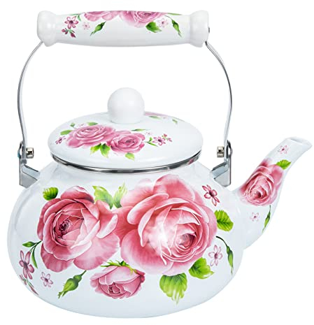 Vaguelly Bouilloire Émaillée 25 L Avec Motif De Rose Vintage - Chaudière À Thé Et Café Pour Et Induction Poignée En Céramique Idéale Pour La Maison
