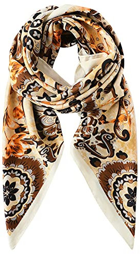 Camilife Damen Mädchen Kunstseide Schal Quadratischer Seidenschal Halstuch Sanftmütig Haarband Gürtel Weich Glatt Elegant Damenschal 90×90cm - Süß Blumenmuster Braun & Hellgelb