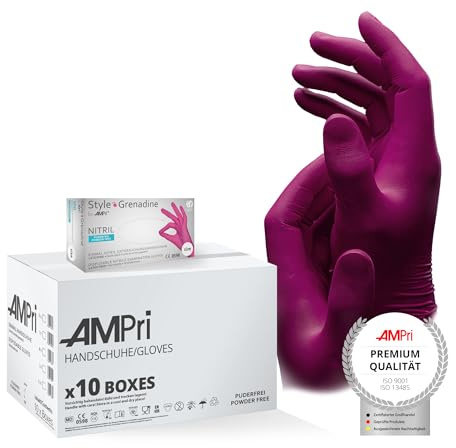 AMPri Nitrilhandschuhe, magenta, pink, 10 Box a 100 Stk, Größe L, puderfrei, Style Grenadine by Med-Comfort: Nitril Einmalhandschuhe in den Größen XS, S, M, L, XL erhältlich