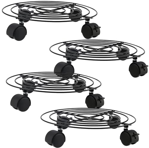 ZEONHEI 4 Pack 27cm Metal Plant Caddy with Wheels, Heavy Duty Garden Plant Pot Dolly, Iron Potted Round Flower Pot Rack on Roller, Rolling Plant Stand Dolly for Indoor & Outdoor, Black