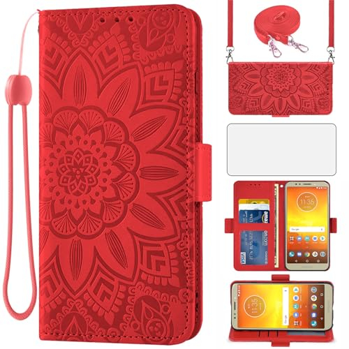 Asuwish Handyhülle für Motorola Moto E5/G6 Play Hülle mit Band und Glas Folie Schutzfolie Kartenfach Klappbar Leder Geldbörse Ständer MotoE5 G6Play Handy Hüllen Blumen Schutzhülle Cover Phone Case Rot