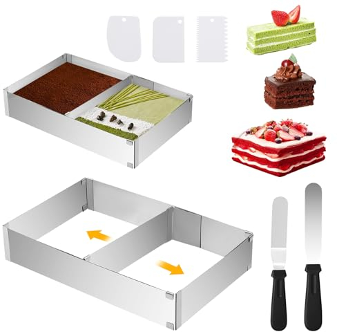Judavry Cadre Patisserie Rectangulaire Moule, Reglable Patisserie Moule à Gâteau Mousse Dessert Pizza Réglable en Acier Inoxydable avec 2 Spatules, 3 Spatules à Crème, Réglable 27.2-52 cm x 18-34 cm
