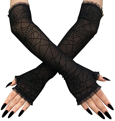 Sihaby Damen Handschuhe mit Spinnennetz,Halloween Spinnennetz Spitze Fingerlose Handschuhe,Lange Handschuhe für Cosplay Goth Kostüm
