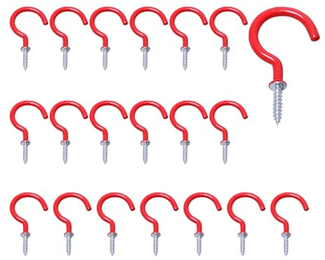 Screw-in Hooks, 1/2 Small Metal Cup Hooks for Hanging Plants, Outdoor or Indoor Use as Ceiling Hook, Strong Screw Hooks for Wood Home Organization, Red 20 Pcs